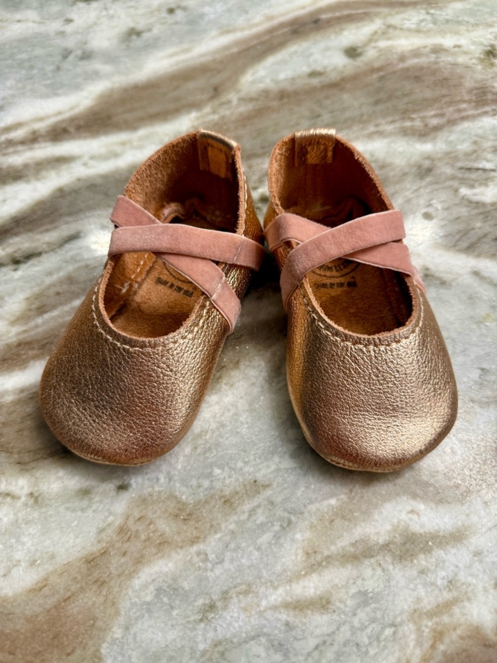 Freshly Picked Mini Hard Sole Ballet Slipper Rose Gold Leather Baby Shoes Size 3